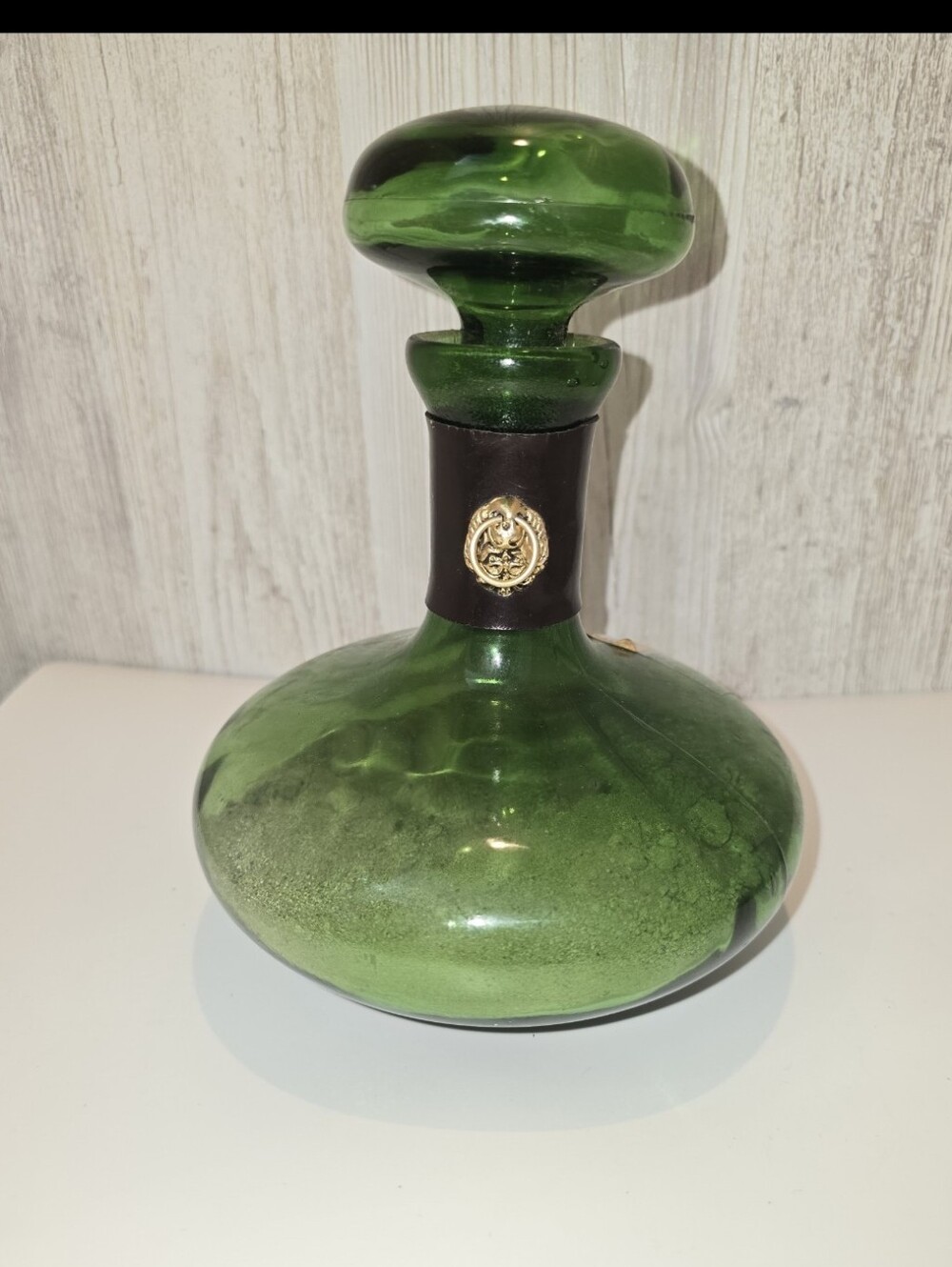 Vintage Green Glass Decanter Bottle with Lion Head Leather details/Volcanic Ash